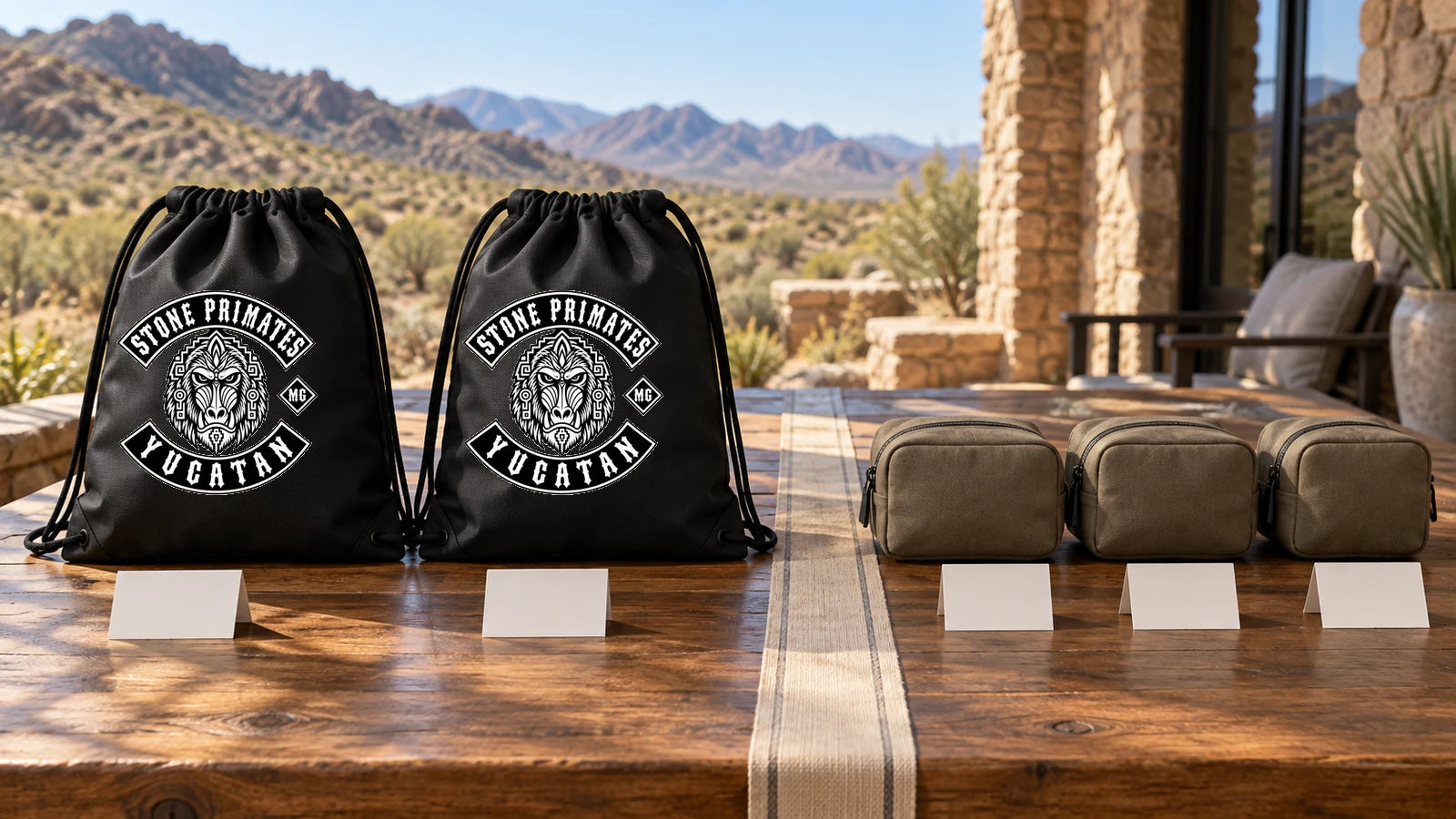 Stone Primates Yucatan logo drawstring bags kept separate from closed owner-only pouches on a club gear table