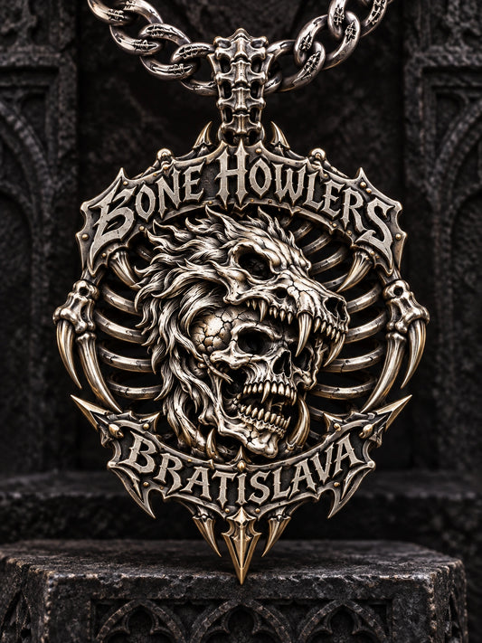 Club Logo Pendants represented by a unique custom motorcycle-club pendant with complete chain and sculptural mixed-metal architecture.