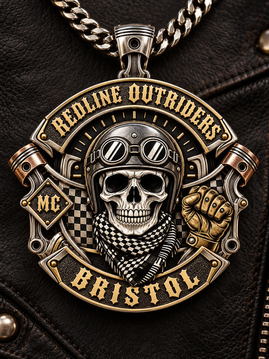 Patch-Inspired Pendants represented by a unique custom motorcycle-club pendant with complete chain and sculptural mixed-metal architecture.