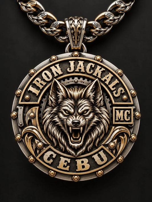 Medallion Pendants represented by a unique custom motorcycle-club pendant with complete chain and sculptural mixed-metal architecture.
