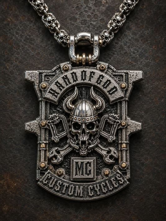 Custom-Shaped Pendants shown as a custom motorcycle club pendant concept based on the authorized Hand of God Custom Cycles artwork.