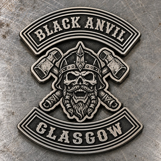 2D raised metal badge featuring a custom metal motorcycle club badge made with an approved club logo.