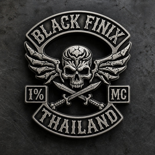 2D raised metal badge featuring a custom metal motorcycle club badge made with an approved club logo.