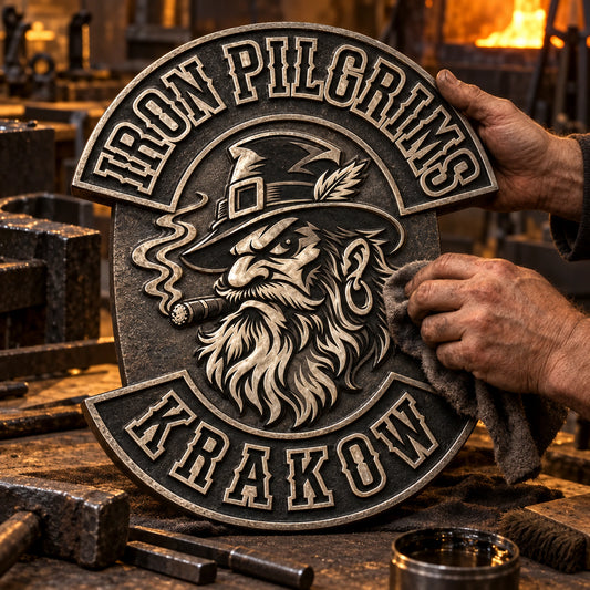 Cast metal motorcycle club plaque with raised logo and dimensional lettering.