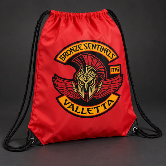 Classic lightweight motorcycle club drawstring bag prepared for rally registration packs.