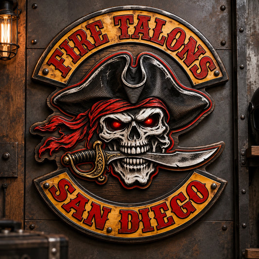 Custom-shape motorcycle club plaque built around an approved club emblem.