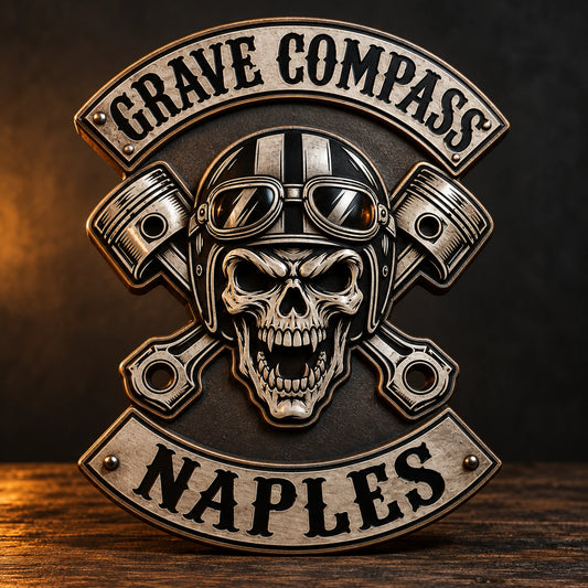 Dimensional motorcycle club logo plaque with layered metal details.