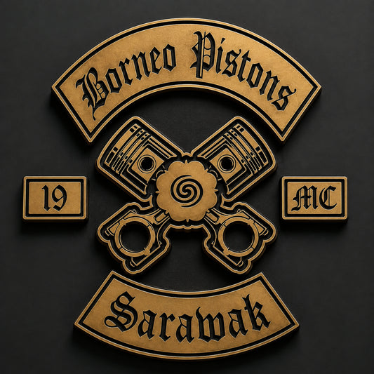 Dimensional motorcycle club logo plaque with layered metal details.