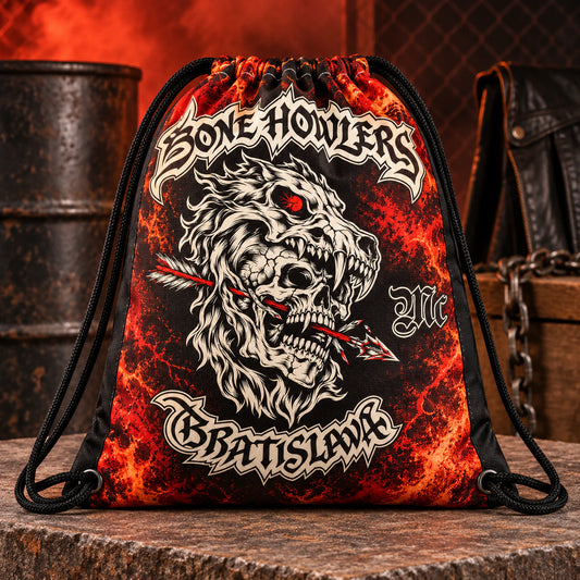 Full-print motorcycle rally drawstring bag displayed with event merchandise.