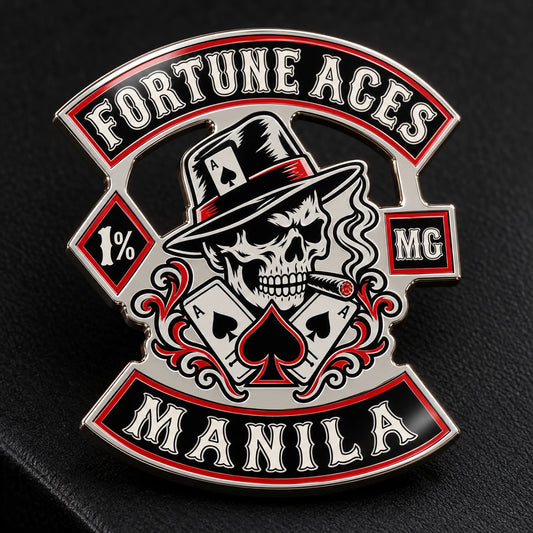 Hard enamel member badge featuring a custom metal motorcycle club badge made with an approved club logo.