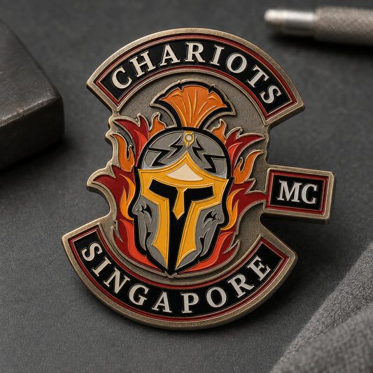 Hard enamel member badge featuring a custom metal motorcycle club badge made with an approved club logo.