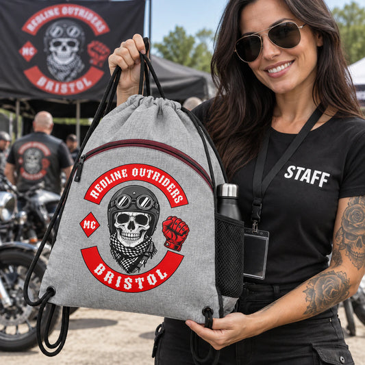 Motorcycle club event staff member holds a custom drawstring bag with a zippered front pocket.