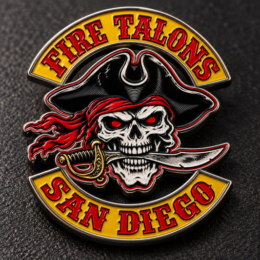 Soft enamel member badge featuring a custom metal motorcycle club badge made with an approved club logo.