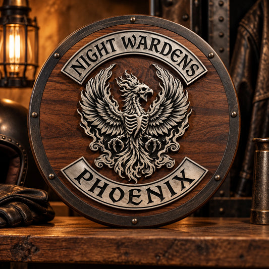 Wood and metal motorcycle club plaque displayed on a clubhouse shelf.