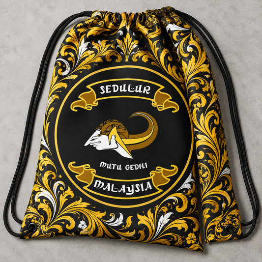 Full-color all-over motorcycle rally artwork covers a sublimated polyester drawstring bag.