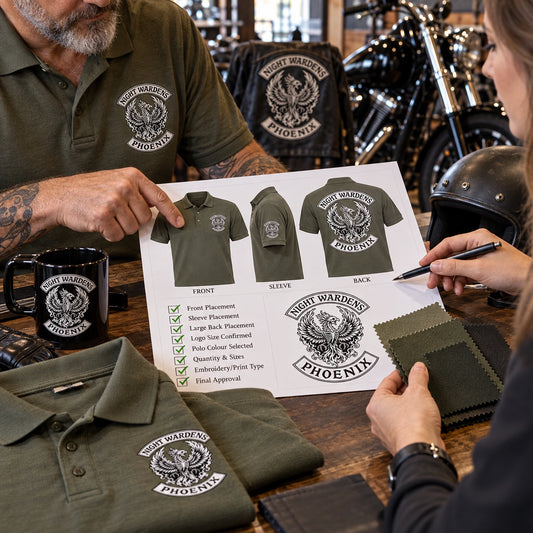 A designer and Night Wardens Phoenix motorcycle club customer review polo colors and chest, sleeve and back logo requirements.