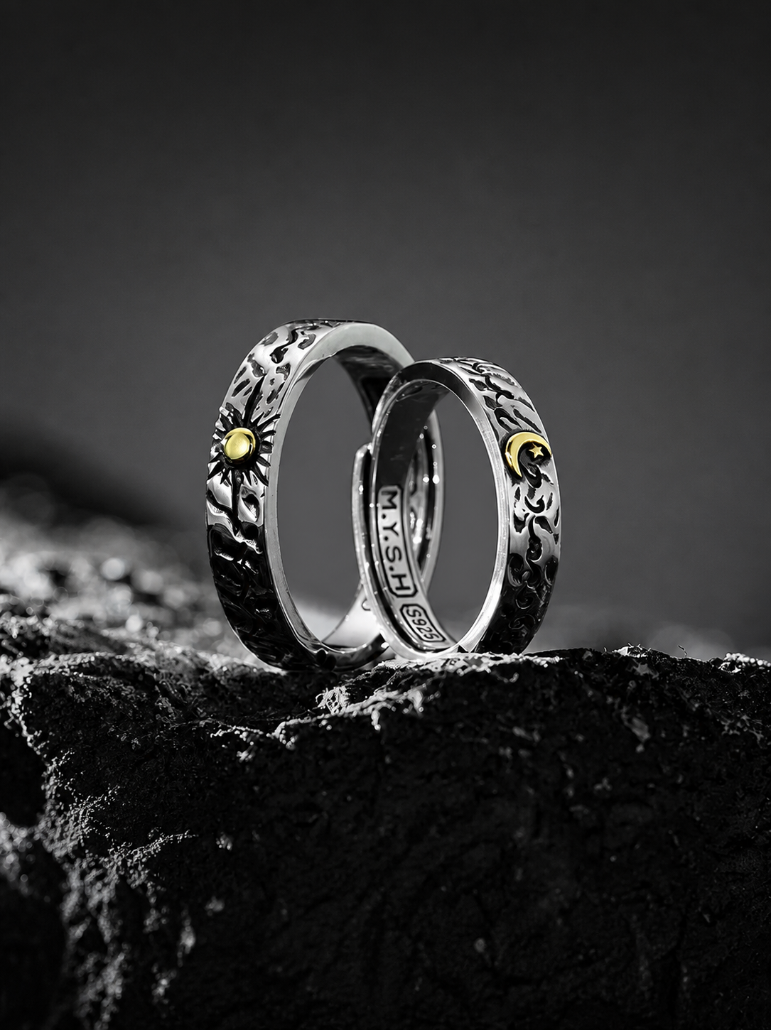 Sun and Moon Sterling Silver Couple Rings - product view