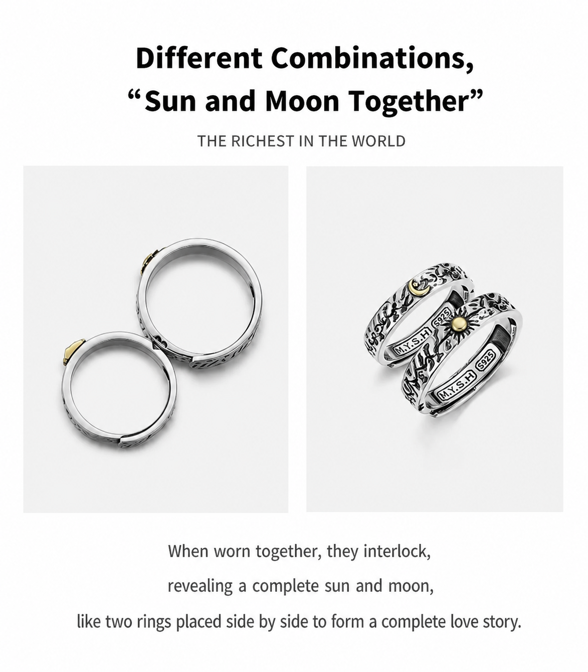 Sun and Moon Sterling Silver Couple Rings - English product detail 7