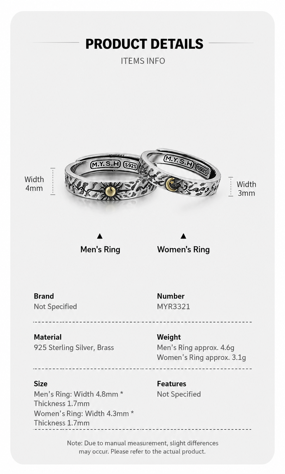 Sun and Moon Sterling Silver Couple Rings - English product detail 8