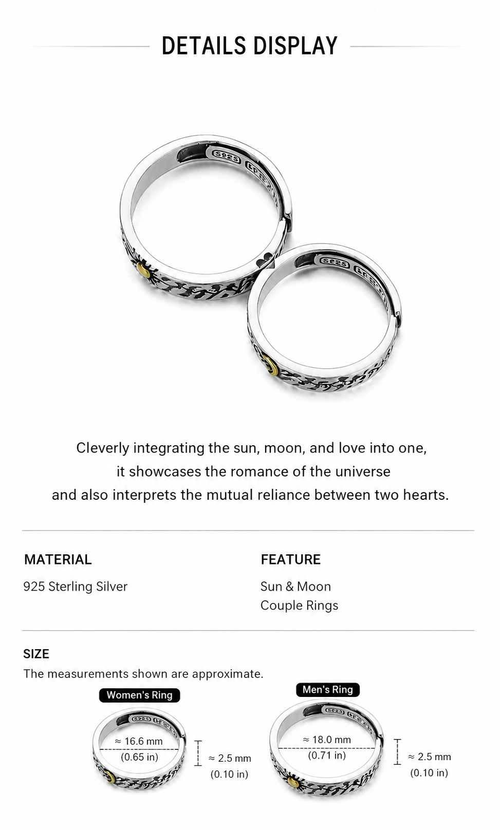 Sun and Moon Sterling Silver Couple Rings - English product detail 9