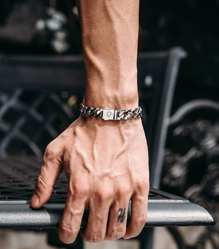 Sun Cuban Link Sterling Silver Biker Bracelet – design view 1