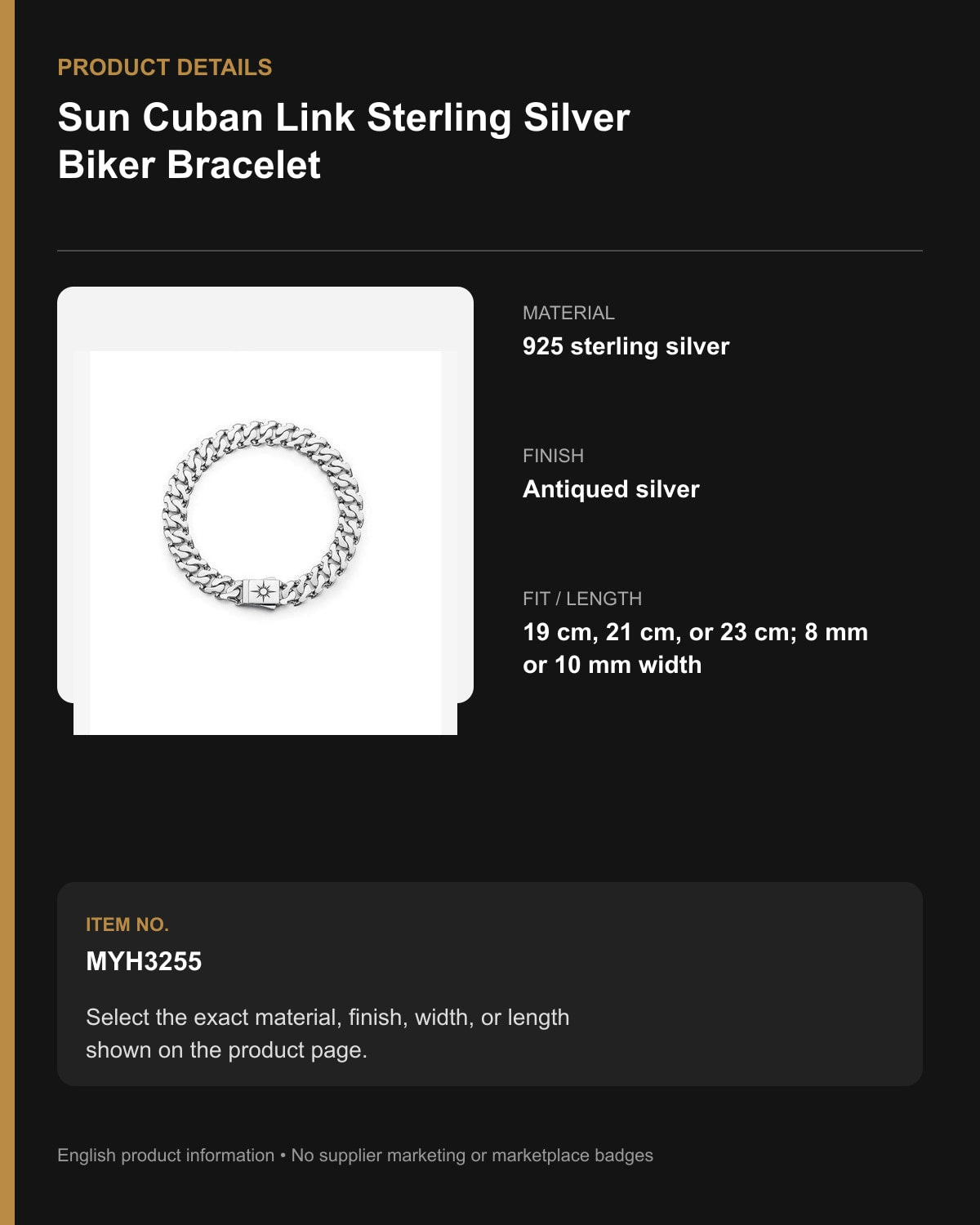 Sun Cuban Link Sterling Silver Biker Bracelet – English product details