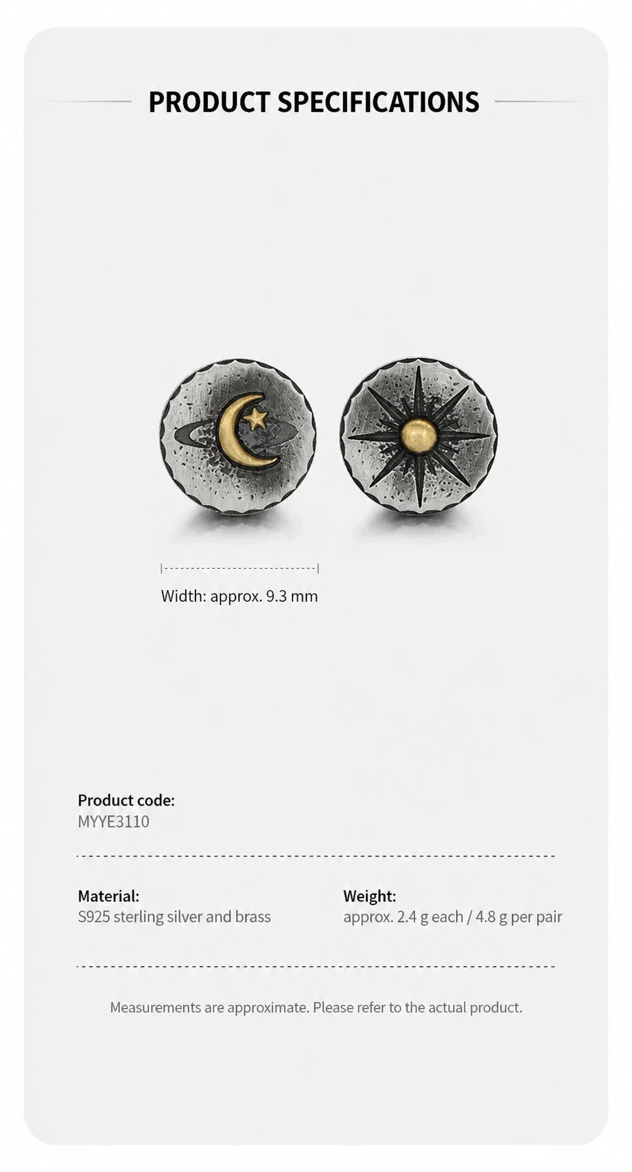 Sterling Silver Sun Moon and Stars Earrings - size material and weight