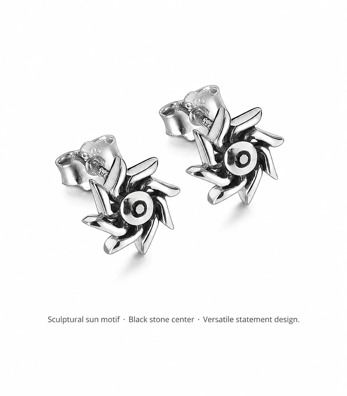 Sterling silver sun stud earrings black stone design