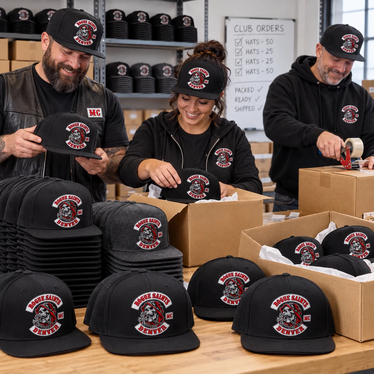 Un equipo de club de motociclistas empaca un pedido a granel coordinado de gorras de ala plana personalizadas en negro y carbón.