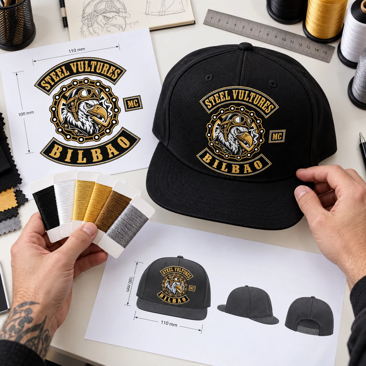 Un diseñador prepara el diseño de una gorra de visera plana para un club de motociclistas utilizando la referencia del emblema aprobado.