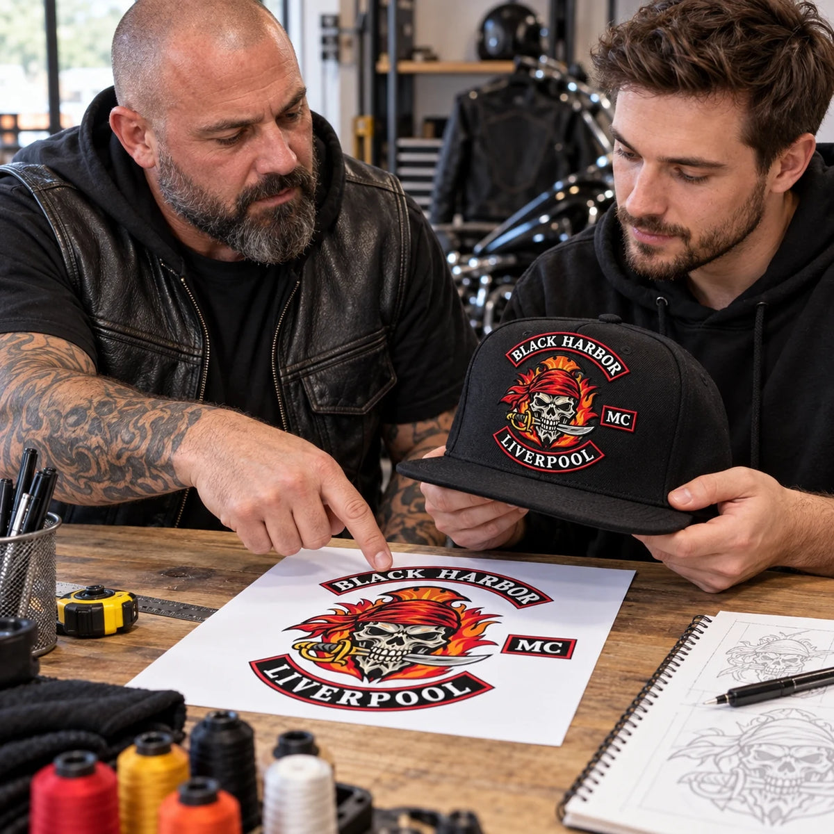 Un motociclista y un diseñador revisan un emblema aprobado para una gorra negra personalizada de ala plana.