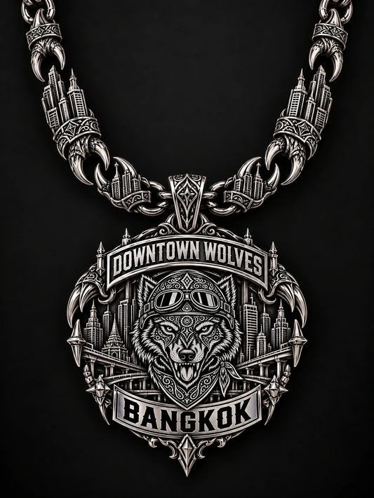 Oxidized Recesses represented by a unique custom motorcycle-club pendant with complete chain and sculptural mixed-metal architecture.