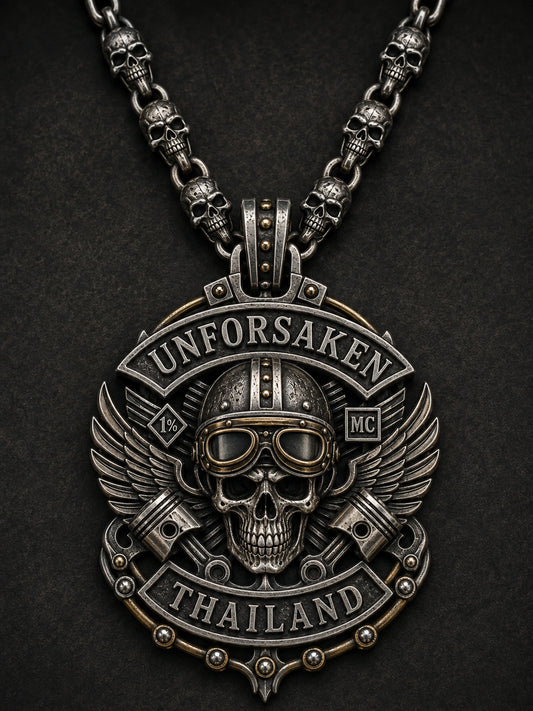 Oxidized Recesses shown as a custom motorcycle club pendant concept based on the authorized Unforsaken MC Thailand artwork.