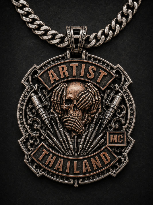 The Metal Remains the Hero shown as a custom motorcycle club pendant concept based on the authorized Artist MC artwork.