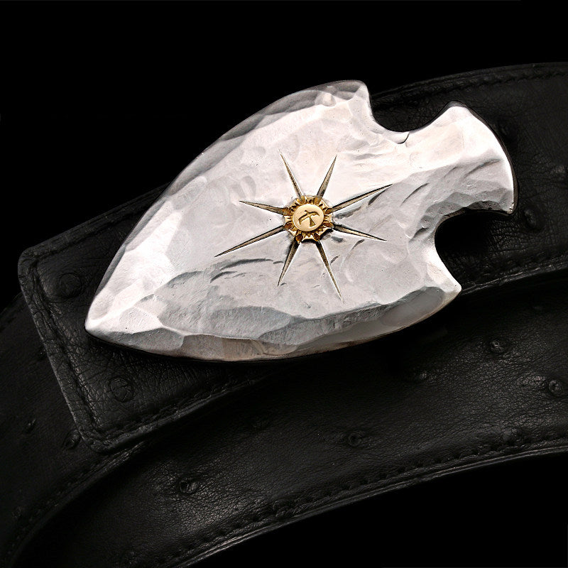 Sword Heart Gold-Accent Silver Bridle Leather Biker Belt — detail view 1
