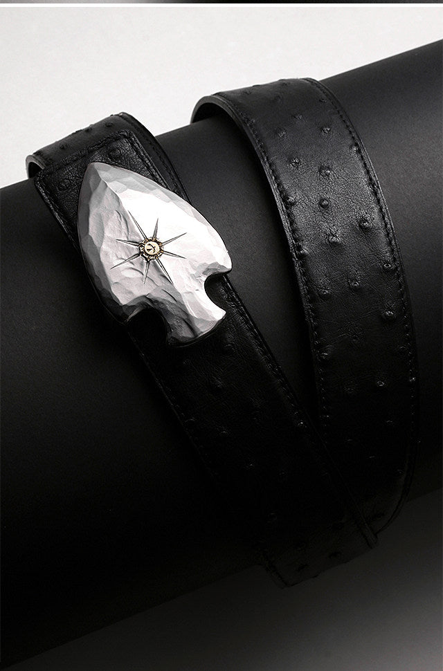 Sword Heart Gold-Accent Silver Bridle Leather Biker Belt — detail view 2