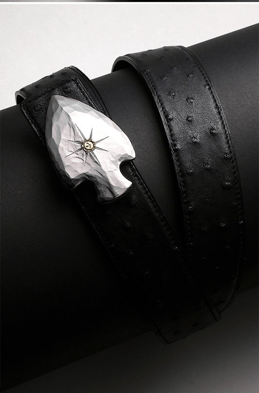 Sword Heart Gold-Accent Silver Bridle Leather Biker Belt — detail view 2