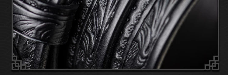 Tang Arabesque Vintage Full-Grain Leather Biker Belt with Brass Buckle – Arabesque leather detail