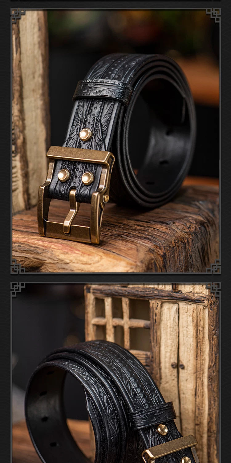 Tang Arabesque Vintage Full-Grain Leather Biker Belt with Brass Buckle – Complete Tang arabesque belt