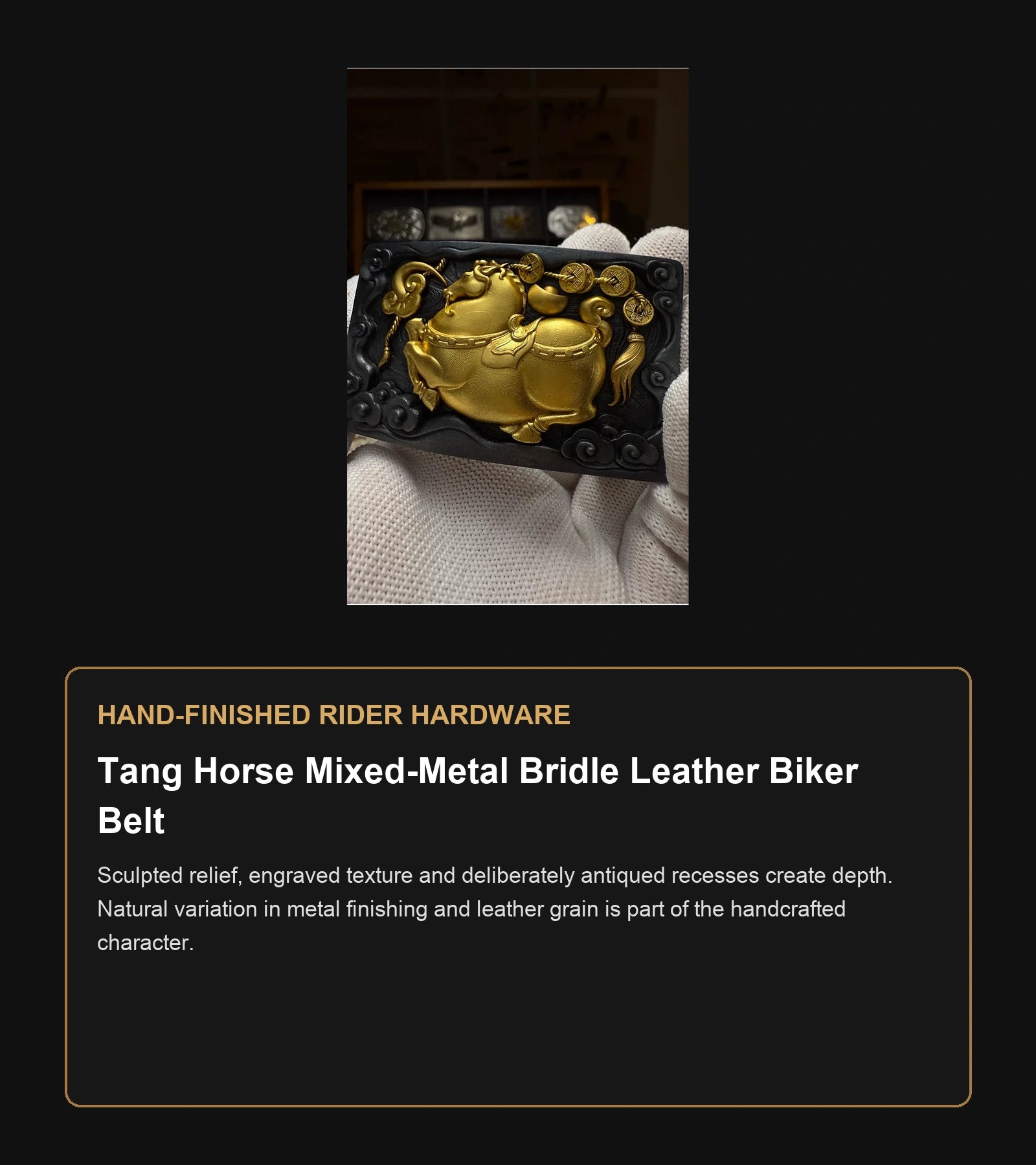 Tang Horse Mixed-Metal Bridle Leather Biker Belt craftsmanship guide in English
