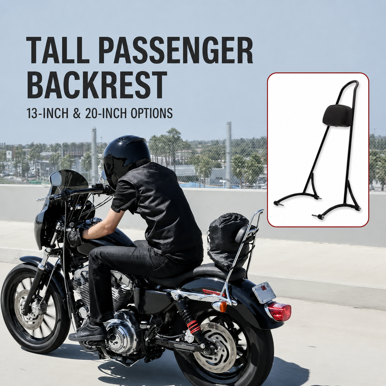 Tall passenger backrest for Harley Sportster - 13-inch and 20-inch options