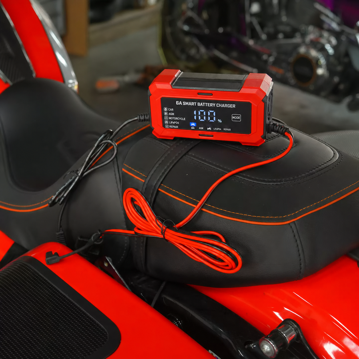 6A smart charger on a motorcycle seat