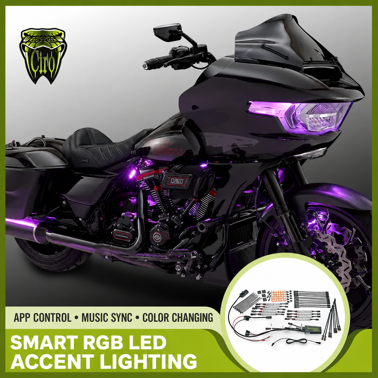 Ciro RGB accent lighting installed on Harley-Davidson Road Glide