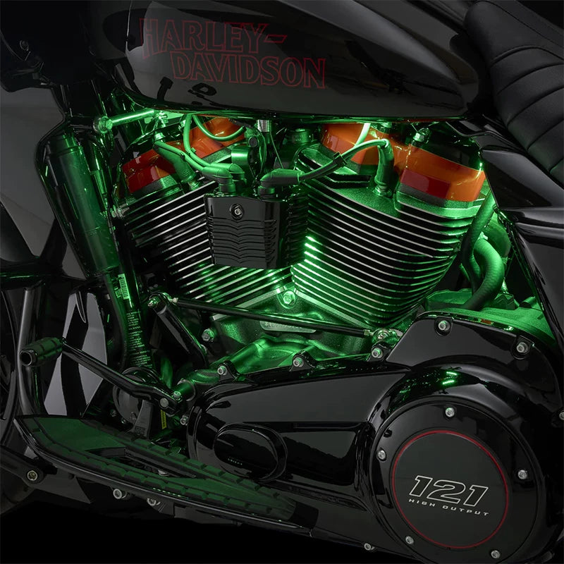 Green RGB engine accent lighting on Harley-Davidson motorcycle