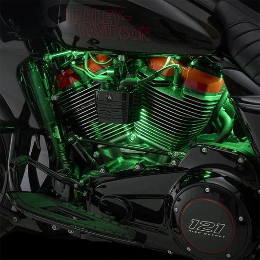Green RGB engine accent lighting on a Harley-Davidson Road Glide