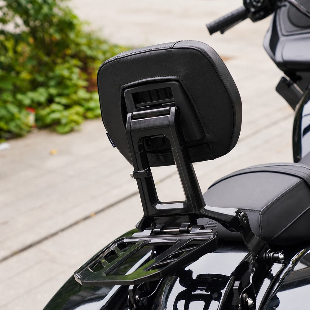 Passenger backrest and luggage rack for compatible motorcycles