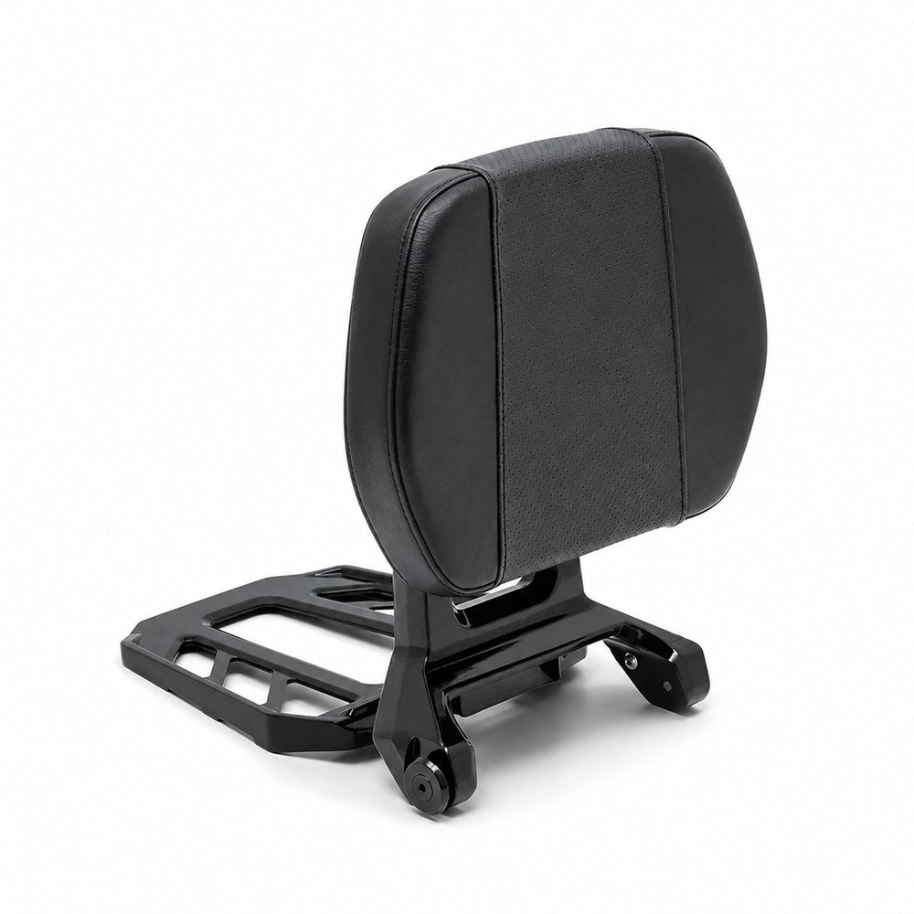 Passenger backrest and luggage rack for compatible motorcycles