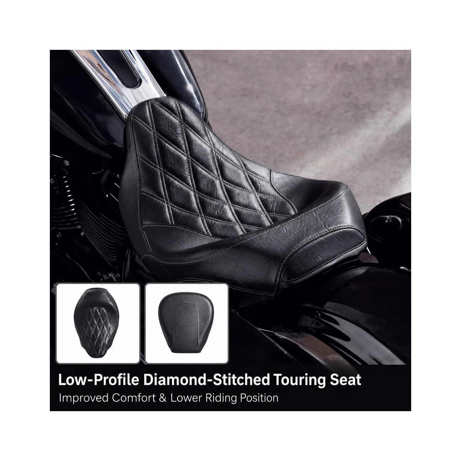 Low-profile diamond-stitched touring motorcycle seat