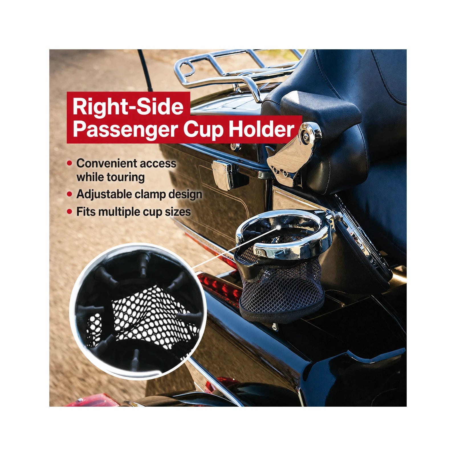 Right-side passenger cup holder installed on touring motorcycle