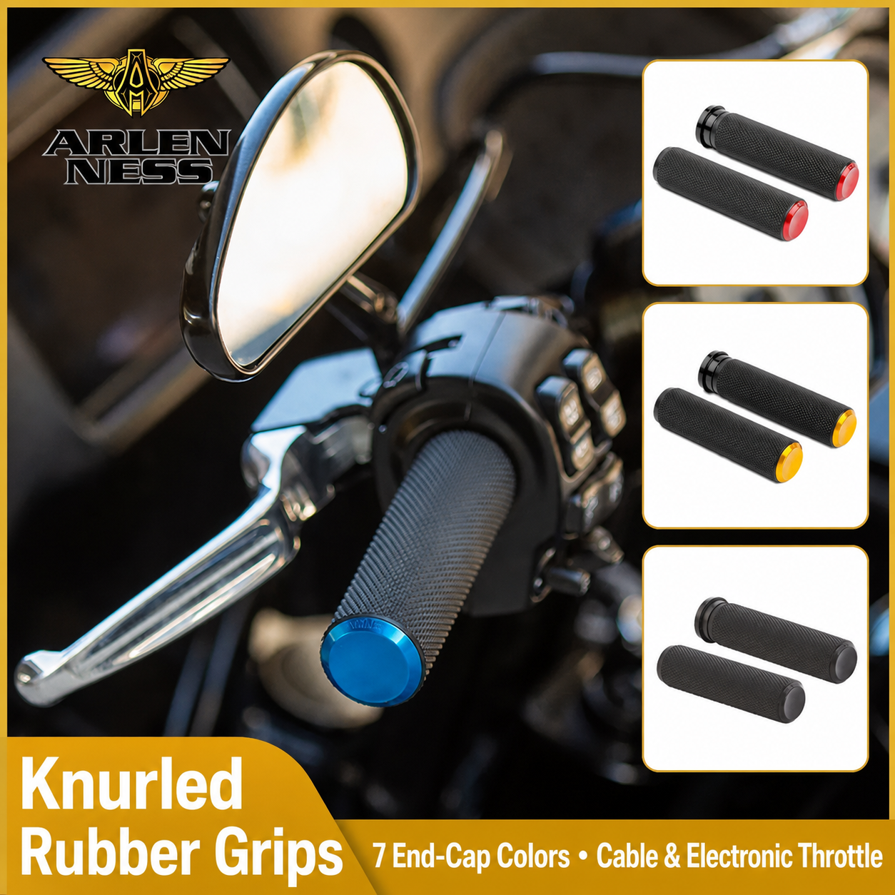 Arlen Ness knurled rubber grips for Harley-Davidson – seven end-cap colors